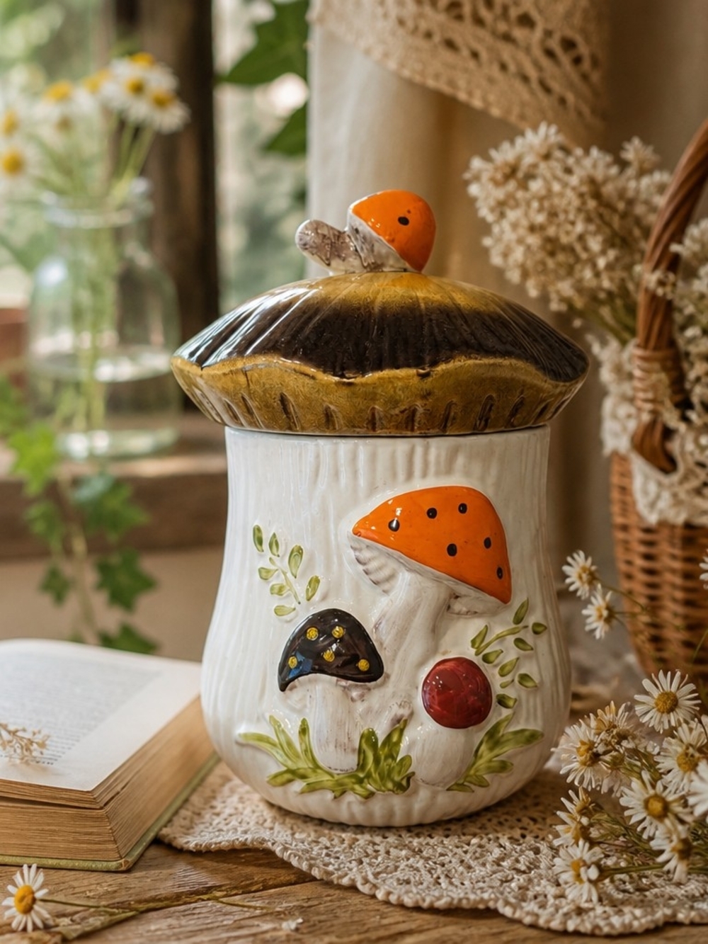 Vintage Ceramic Mushroom Canister - Orange & White Decorative  Kitchen Jar